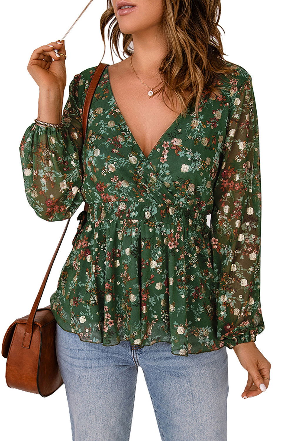 Floral Print Shirred Waist Ruffle Hem Green Bohemian Blouse for Women - Vesteeto