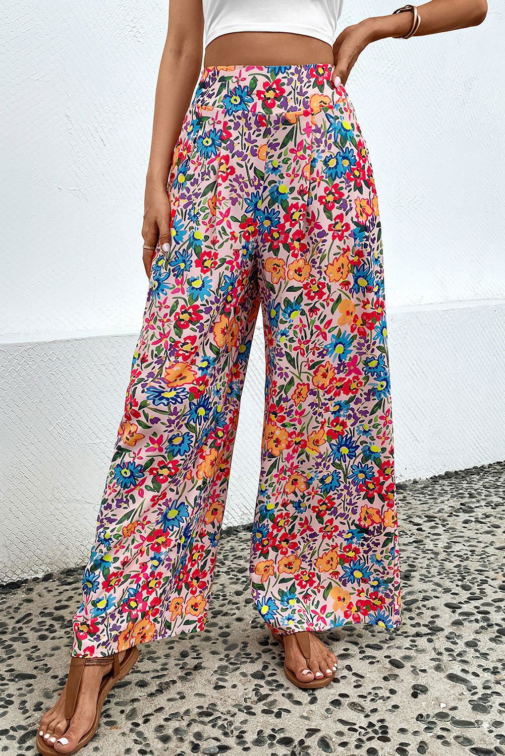 Floral Print Wide Leg Long Pants - Vesteeto