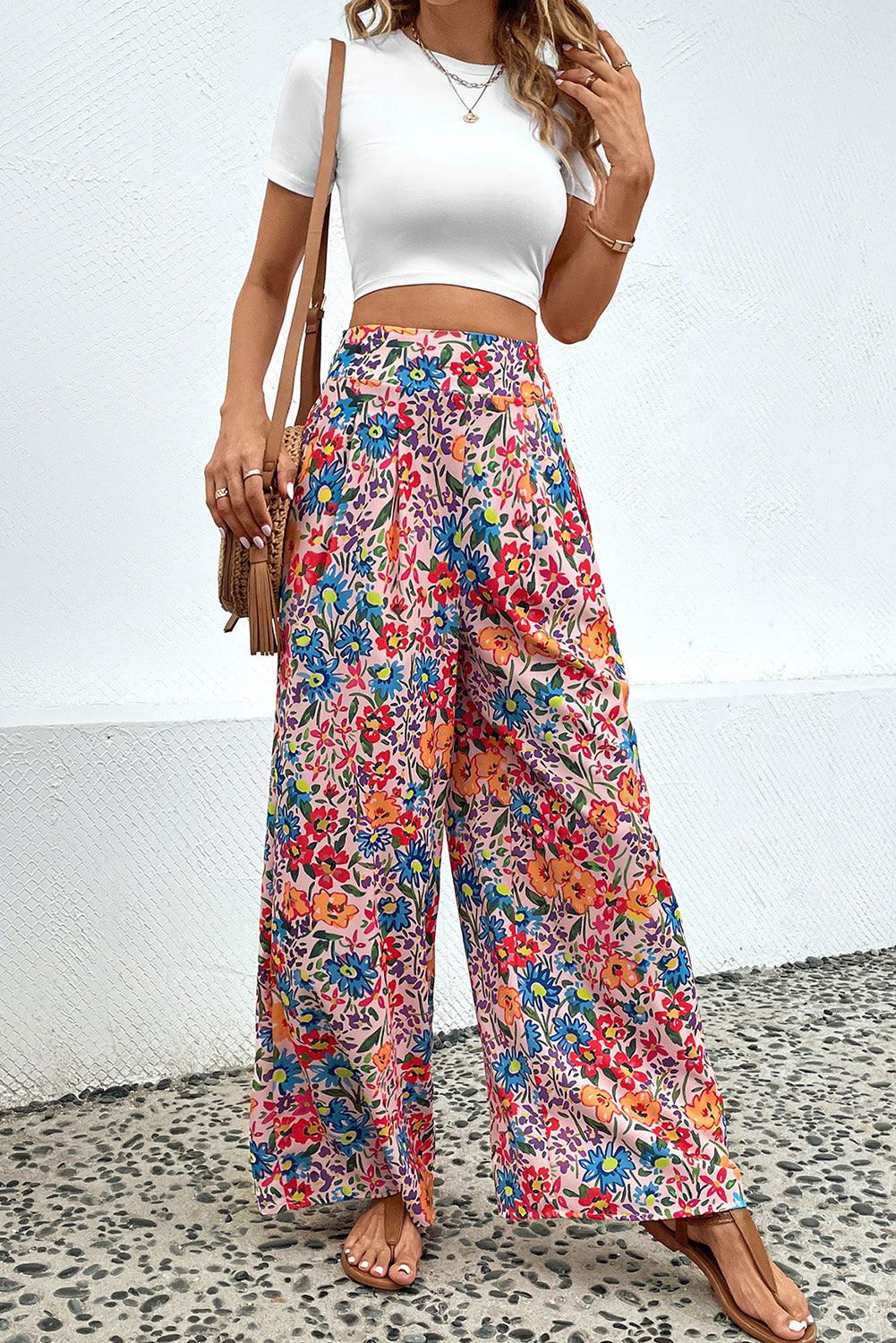 Floral Print Wide Leg Long Pants - Vesteeto