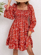 Floral Smocked Square Neck Dress - Vesteeto