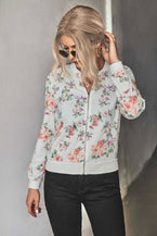 Floral Zip Up Ribbed Trim Bomber Jacket - Vesteeto