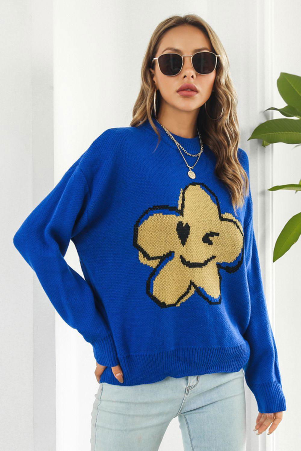 Flower Graphic Drop Shoulder Sweater - Vesteeto