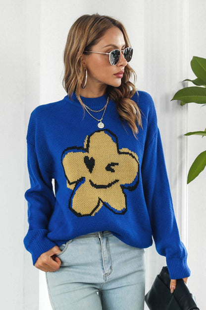 Flower Graphic Drop Shoulder Sweater - Vesteeto