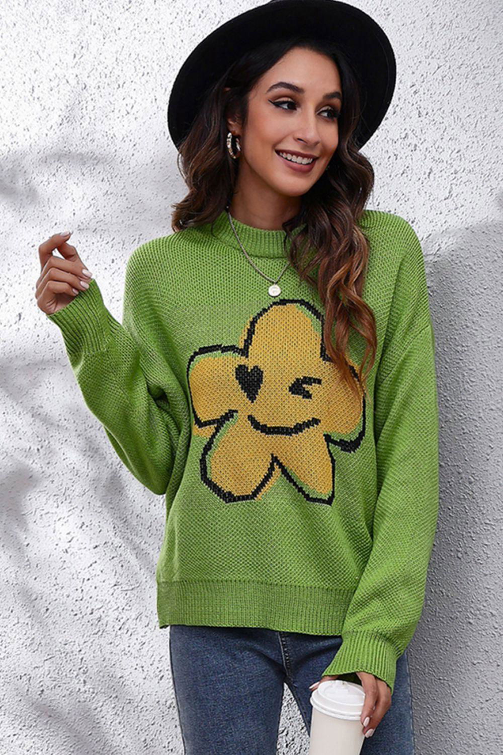 Flower Graphic Drop Shoulder Sweater - Vesteeto