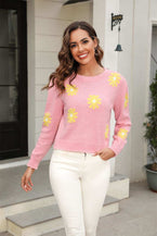 Flower Pattern Round Neck Short Sleeve Pullover Sweater - Vesteeto