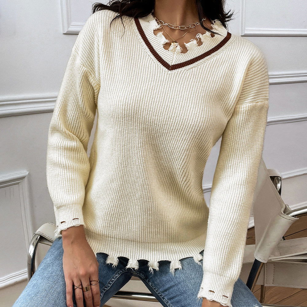 Frayed Detail V-Neck Sweater - Vesteeto