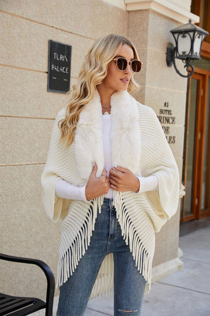 Fringe Detail Long Sleeve Ribbed Poncho - Vesteeto