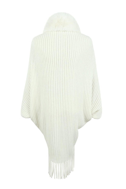 Fringe Detail Long Sleeve Ribbed Poncho - Vesteeto