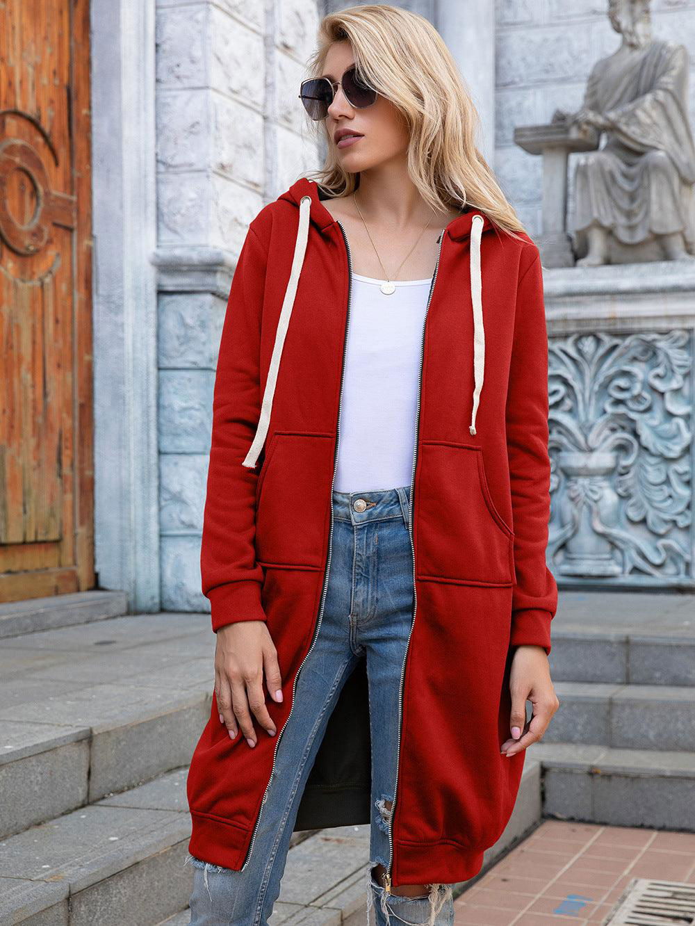 Full Size Zip-Up Longline Hoodie with Pockets - Vesteeto