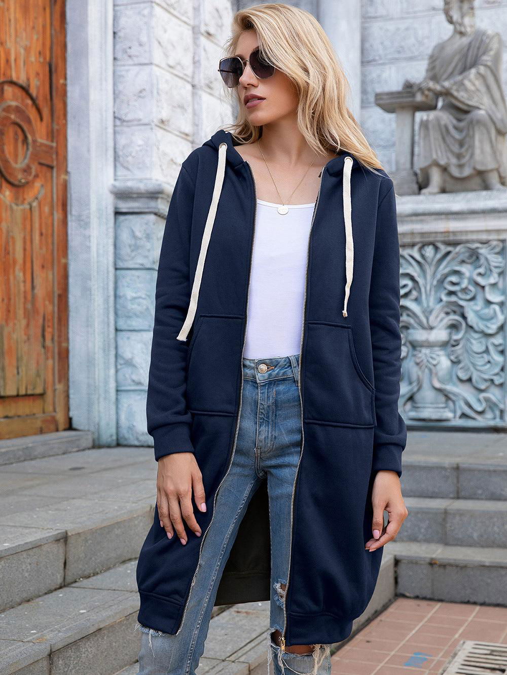 Full Size Zip-Up Longline Hoodie with Pockets - Vesteeto