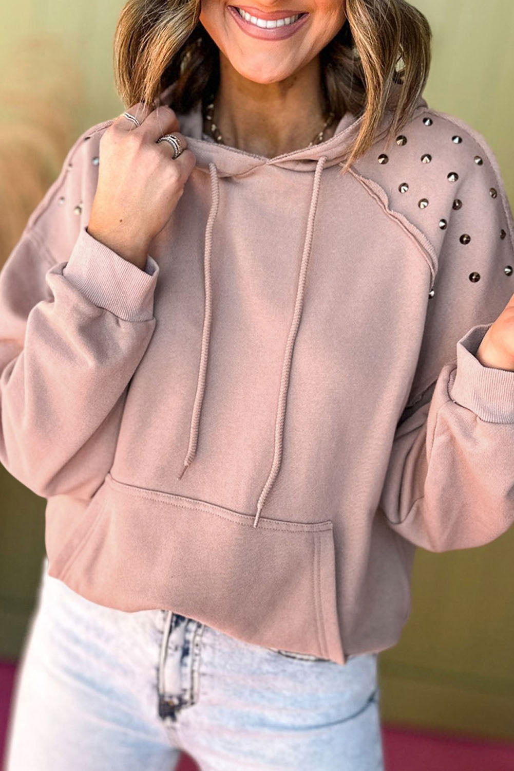 Fushia Stud Detail Kangaroo Pocket Hoodie - Vesteeto