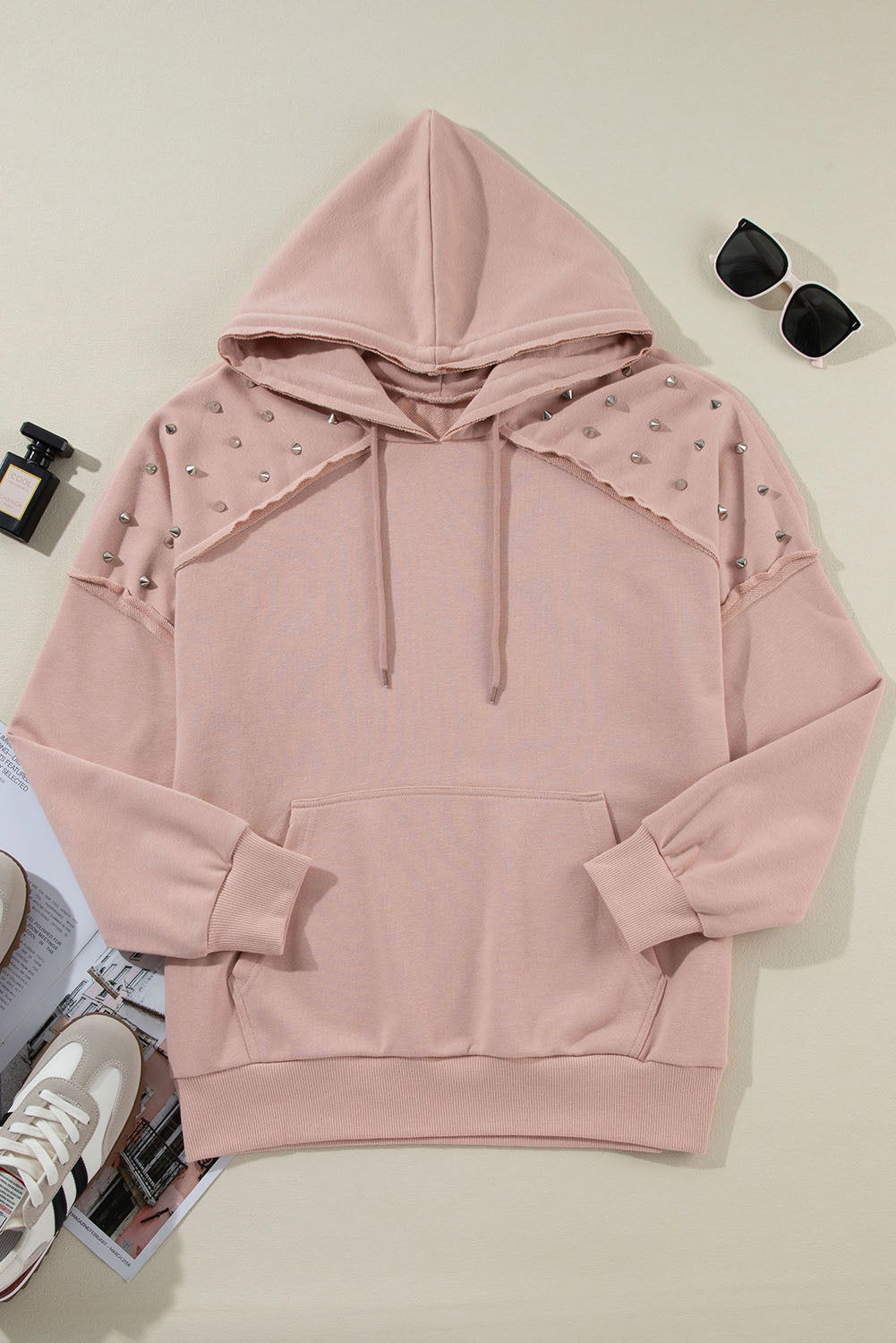 Fushia Stud Detail Kangaroo Pocket Hoodie - Vesteeto