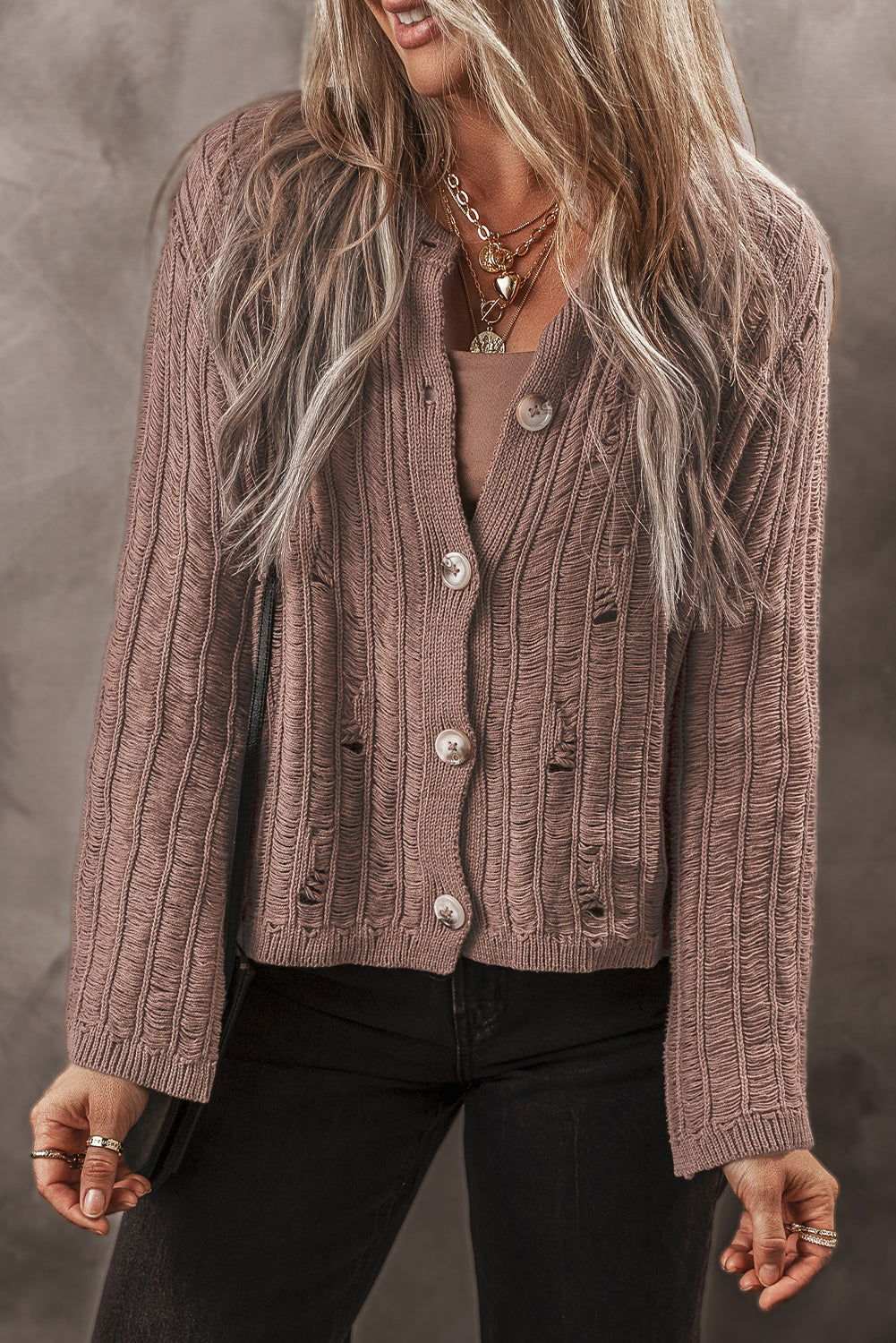 Goat Cut Out Textured Knit Button Front Cardigan - Vesteeto