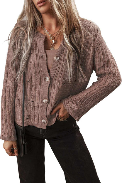 Goat Cut Out Textured Knit Button Front Cardigan - Vesteeto