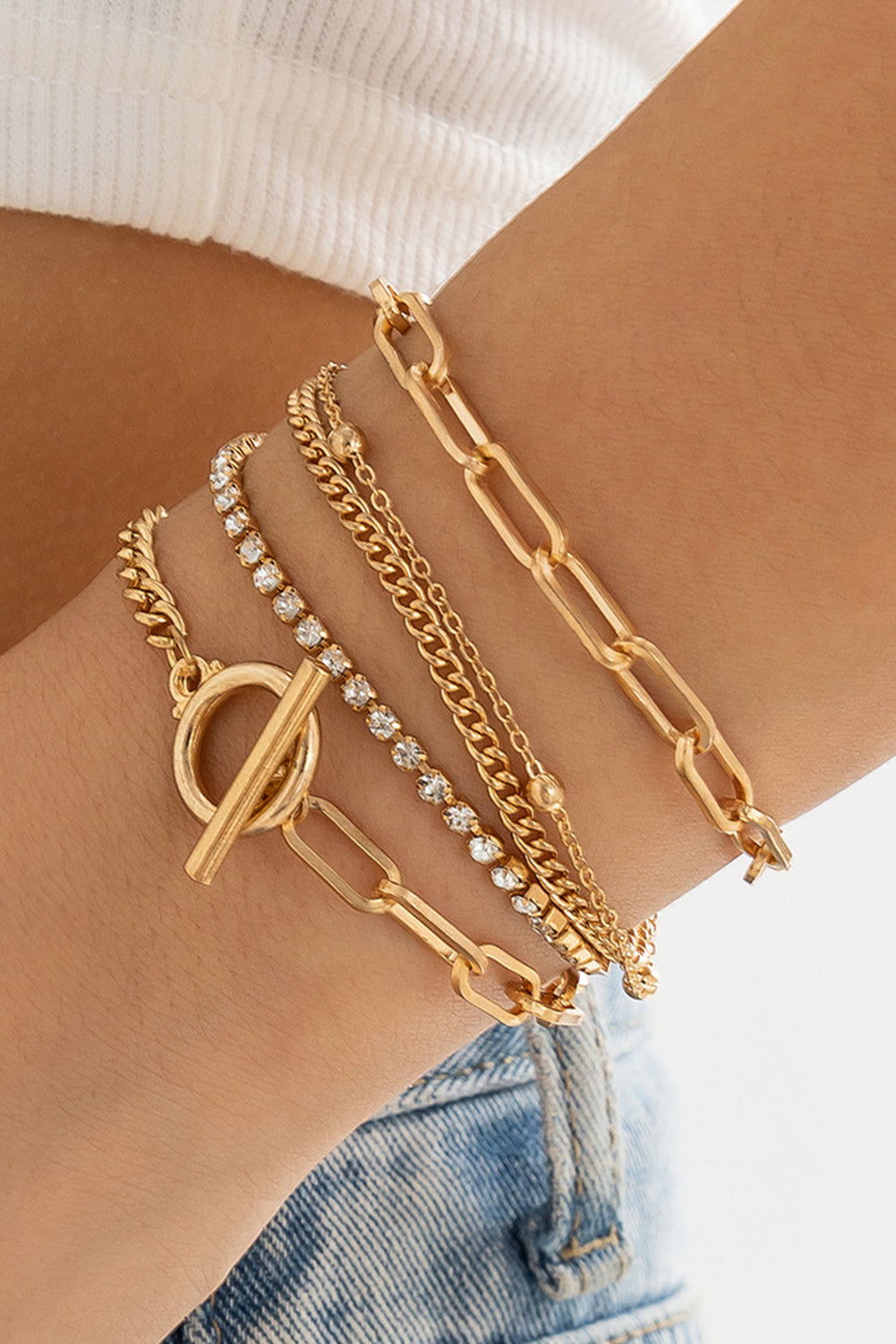 Gold 5pcs Rhinestone Chain Bracelet Set - Vesteeto