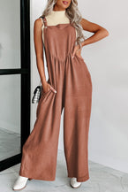 Gold Flame Buttoned Straps Ruched Wide Leg Jumpsuit - Vesteeto