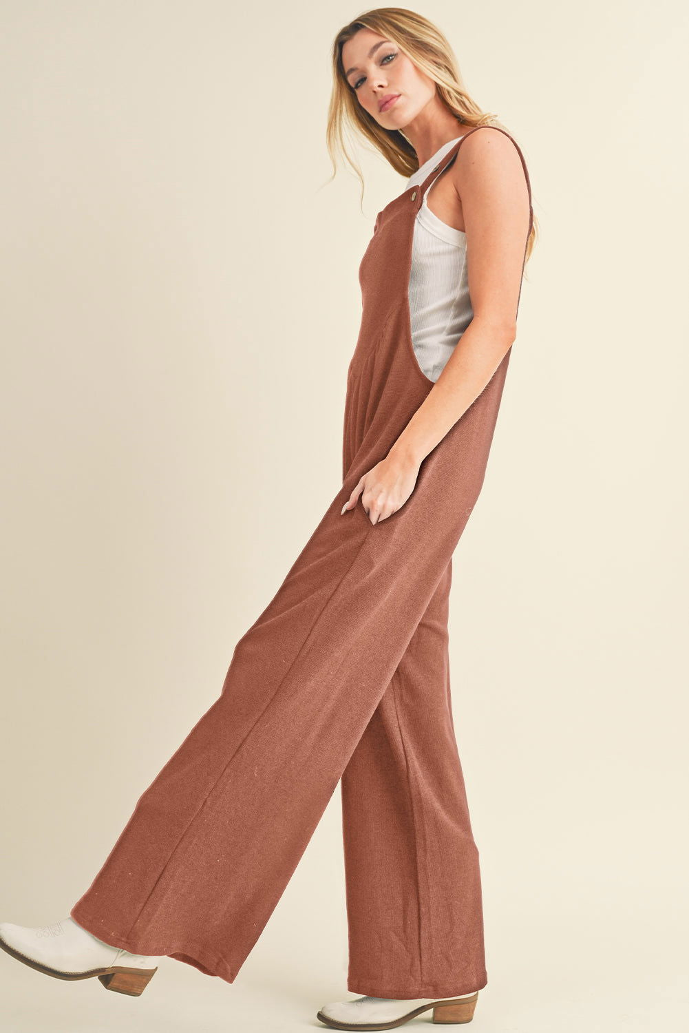 Gold Flame Buttoned Straps Ruched Wide Leg Jumpsuit - Vesteeto