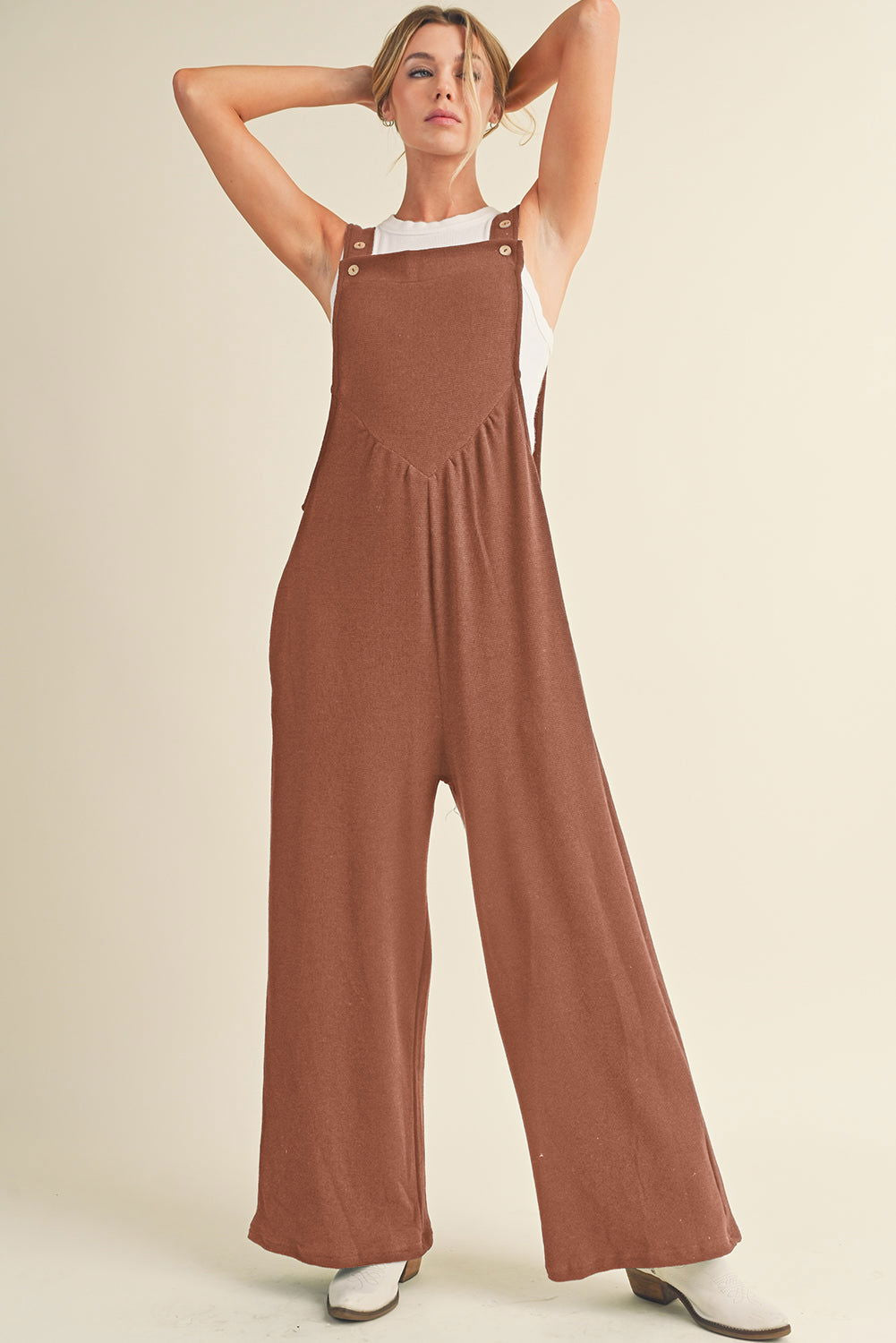 Gold Flame Buttoned Straps Ruched Wide Leg Jumpsuit - Vesteeto