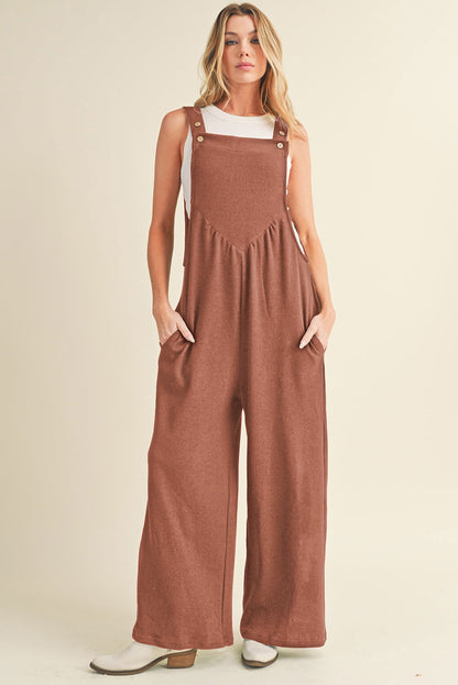 Gold Flame Buttoned Straps Ruched Wide Leg Jumpsuit - Vesteeto