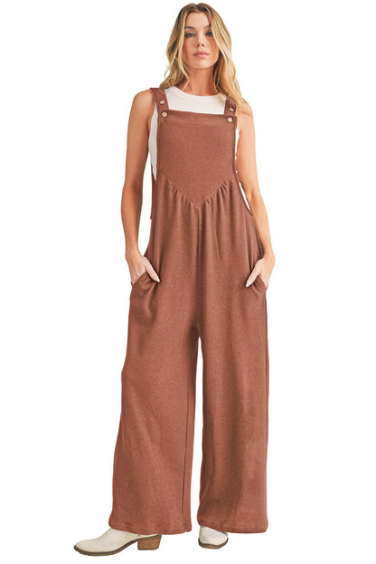 Gold Flame Buttoned Straps Ruched Wide Leg Jumpsuit - Vesteeto