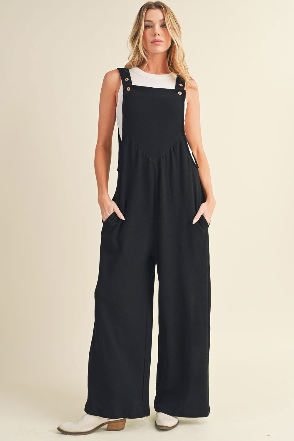 Gold Flame Buttoned Straps Ruched Wide Leg Jumpsuit - Vesteeto