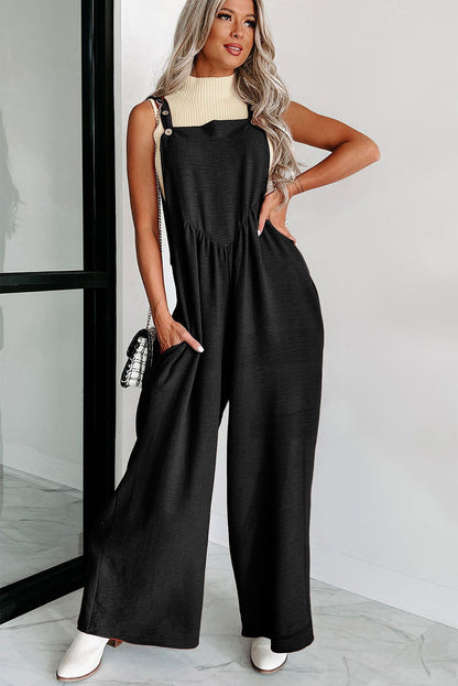 Gold Flame Buttoned Straps Ruched Wide Leg Jumpsuit - Vesteeto