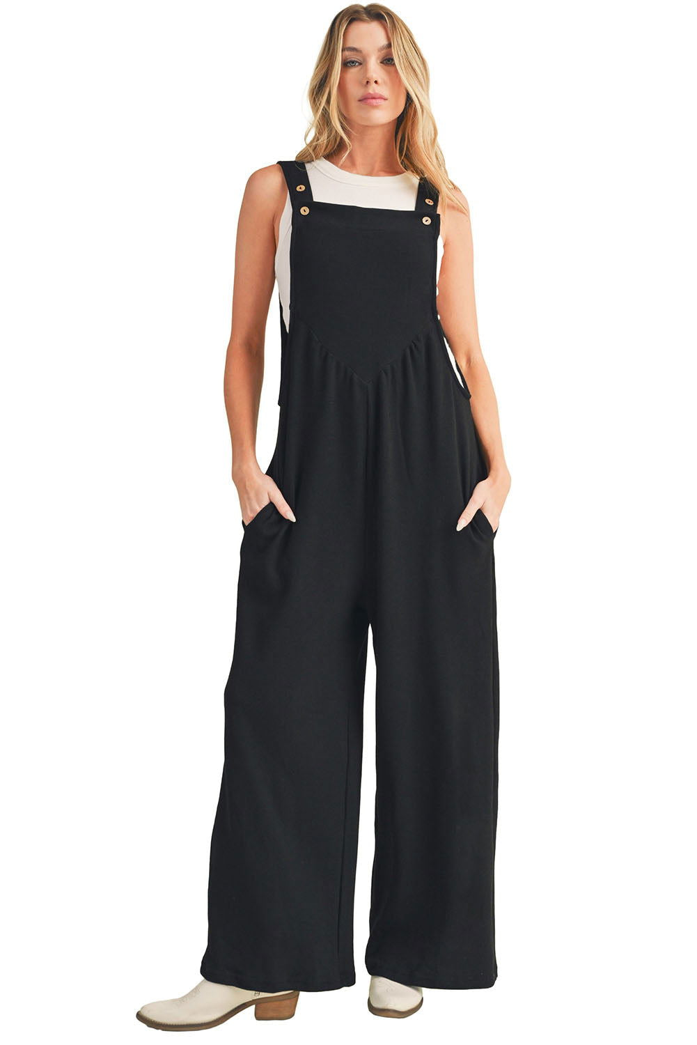 Gold Flame Buttoned Straps Ruched Wide Leg Jumpsuit - Vesteeto