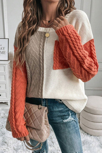 Gold Flame Colorblock Pocket Drop Shoulder Sweater - Vesteeto