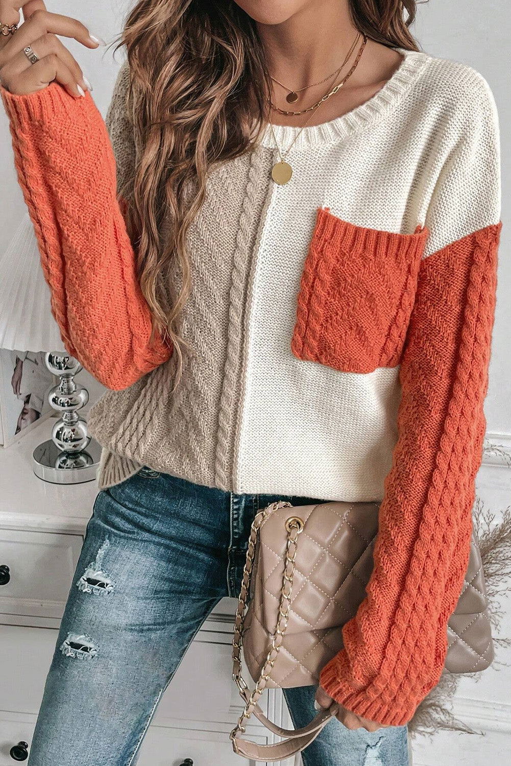 Gold Flame Colorblock Pocket Drop Shoulder Sweater - Vesteeto