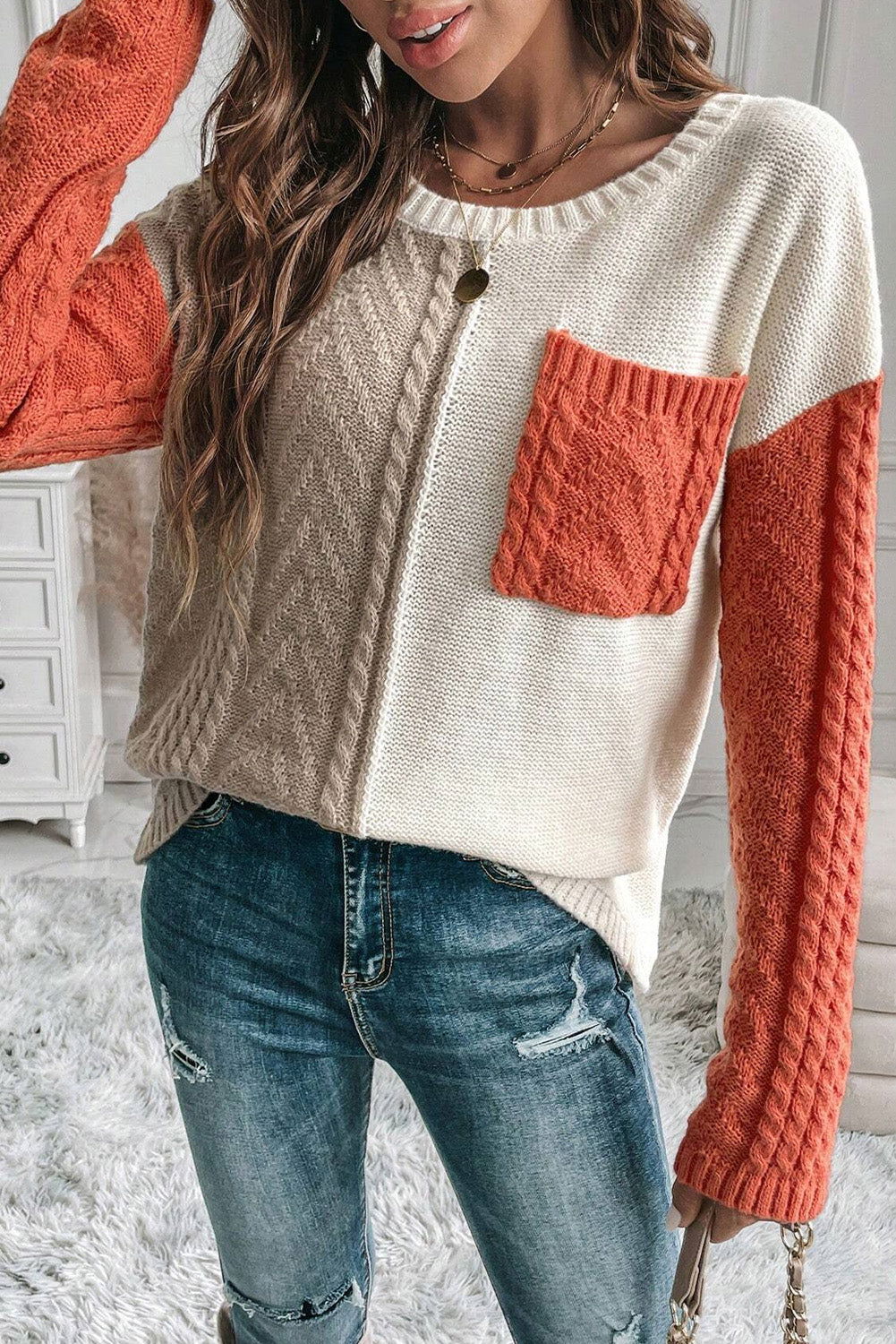 Gold Flame Colorblock Pocket Drop Shoulder Sweater - Vesteeto