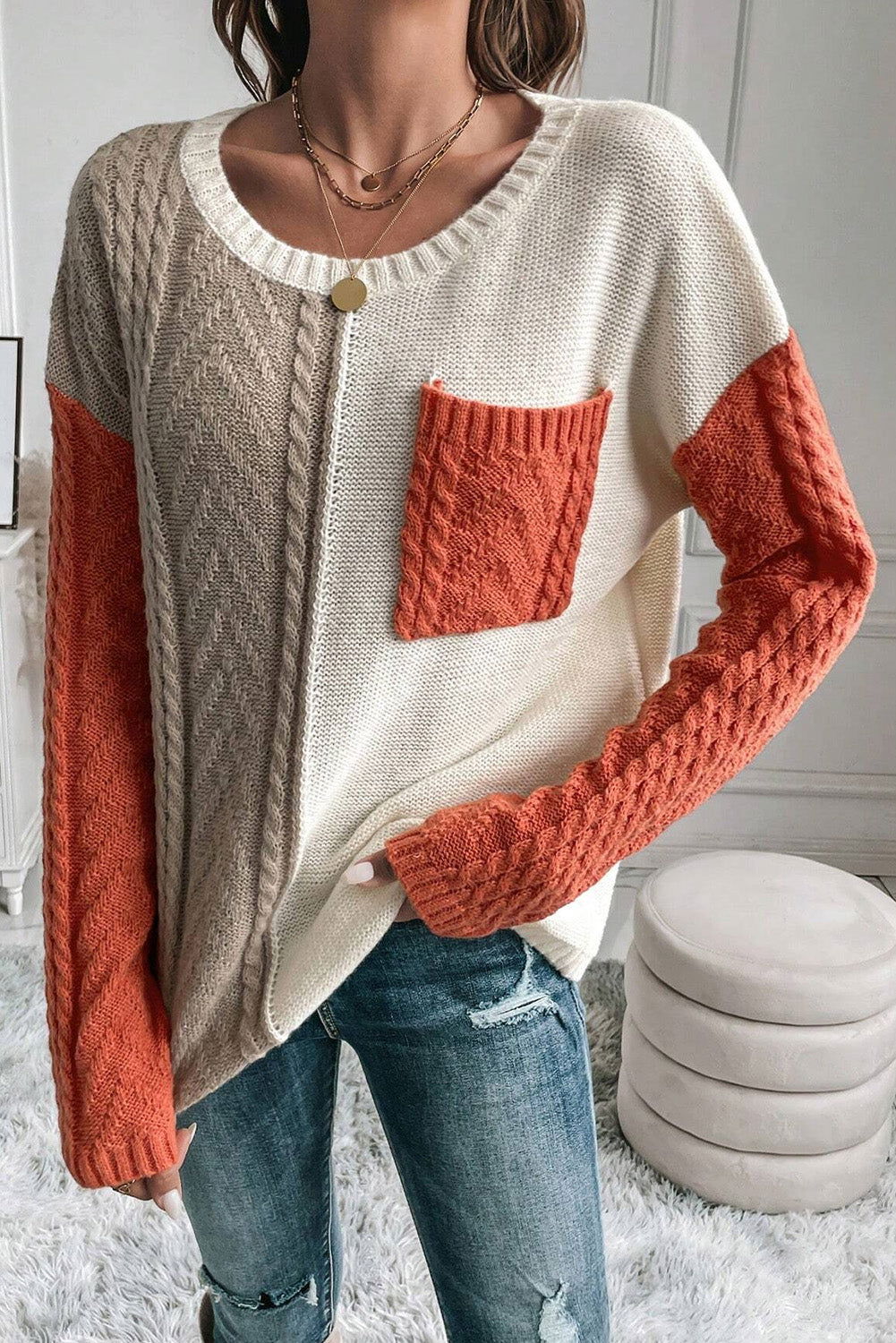 Gold Flame Colorblock Pocket Drop Shoulder Sweater - Vesteeto