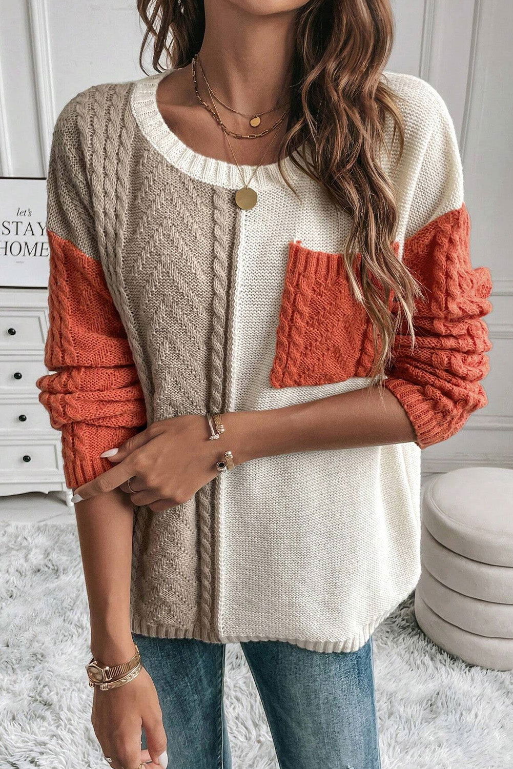 Gold Flame Colorblock Pocket Drop Shoulder Sweater - Vesteeto