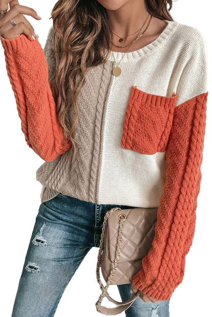 Gold Flame Colorblock Pocket Drop Shoulder Sweater - Vesteeto