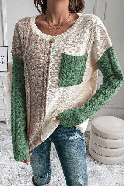 Gold Flame Colorblock Pocket Drop Shoulder Sweater - Vesteeto