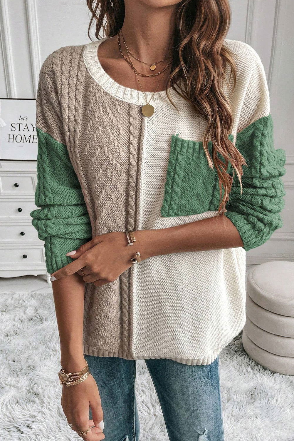 Gold Flame Colorblock Pocket Drop Shoulder Sweater - Vesteeto