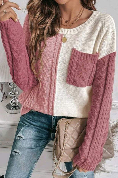 Gold Flame Colorblock Pocket Drop Shoulder Sweater - Vesteeto