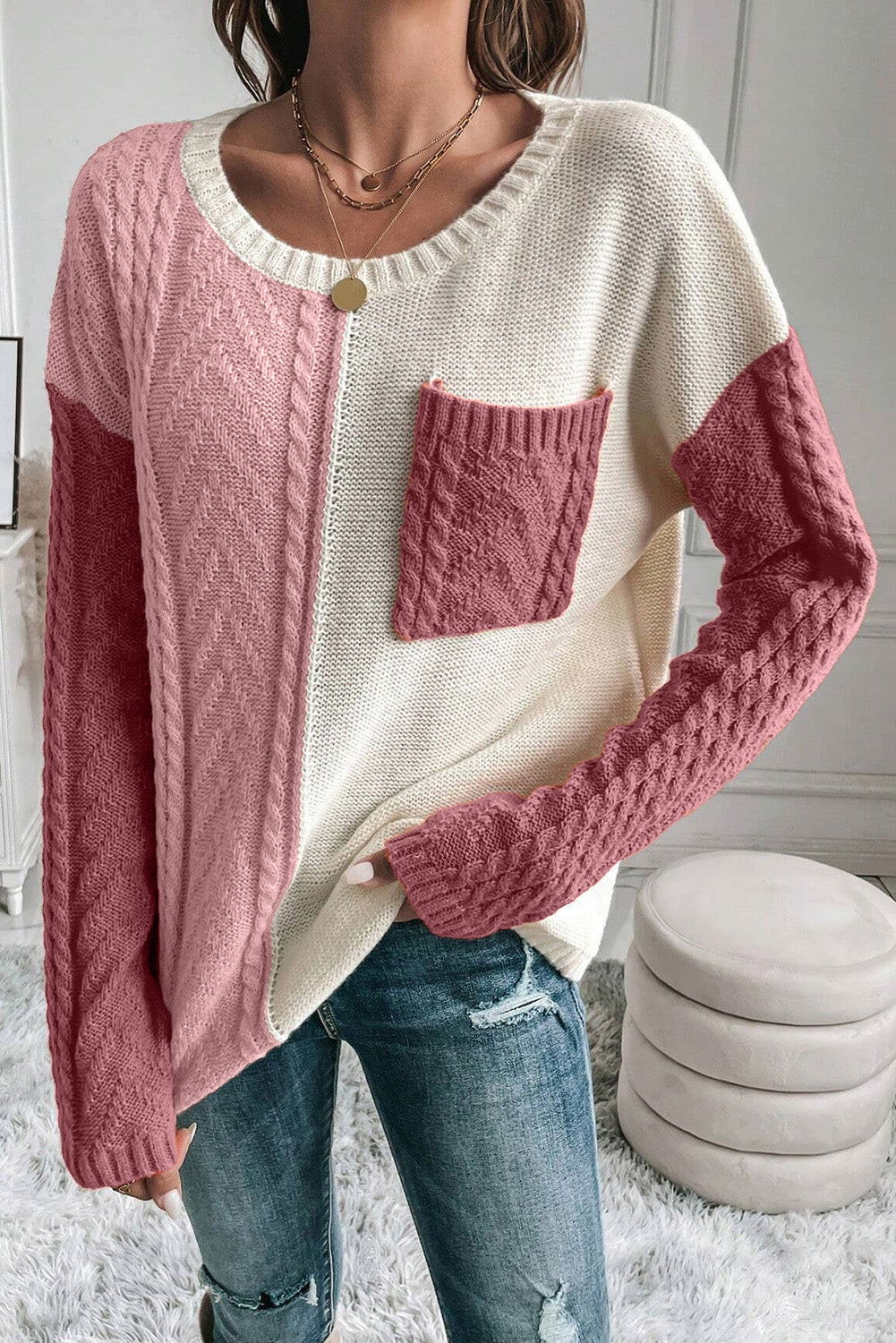 Gold Flame Colorblock Pocket Drop Shoulder Sweater - Vesteeto