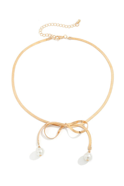 Gold Pearly Bow Collarbone Necklace - Vesteeto