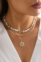 Gold Sun Turquoise Pearl Beaded Multi Layered Pendant Necklace - Vesteeto