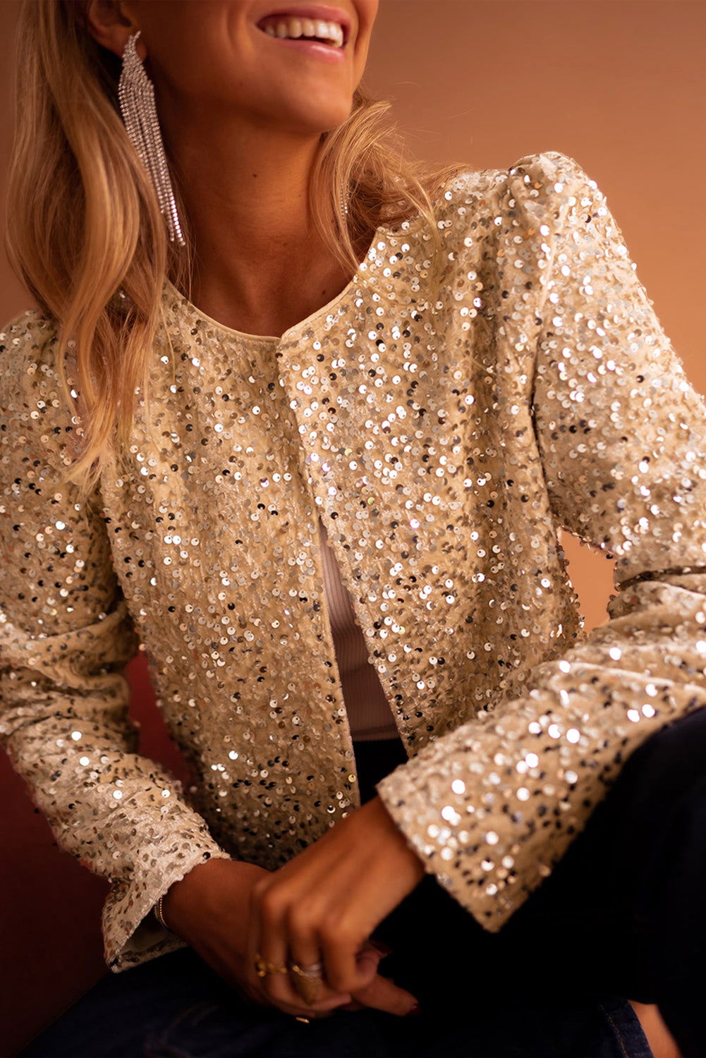 Golden Fleece Sequin Open Front Collarless Jacket - Vesteeto