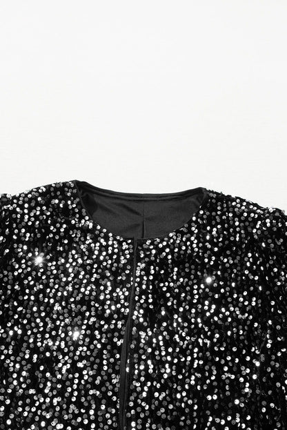 Golden Fleece Sequin Open Front Collarless Jacket - Vesteeto