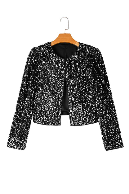 Golden Fleece Sequin Open Front Collarless Jacket - Vesteeto