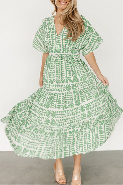 Grass Green Bohemian Leaves Print High Waist Midi Dress - Vesteeto