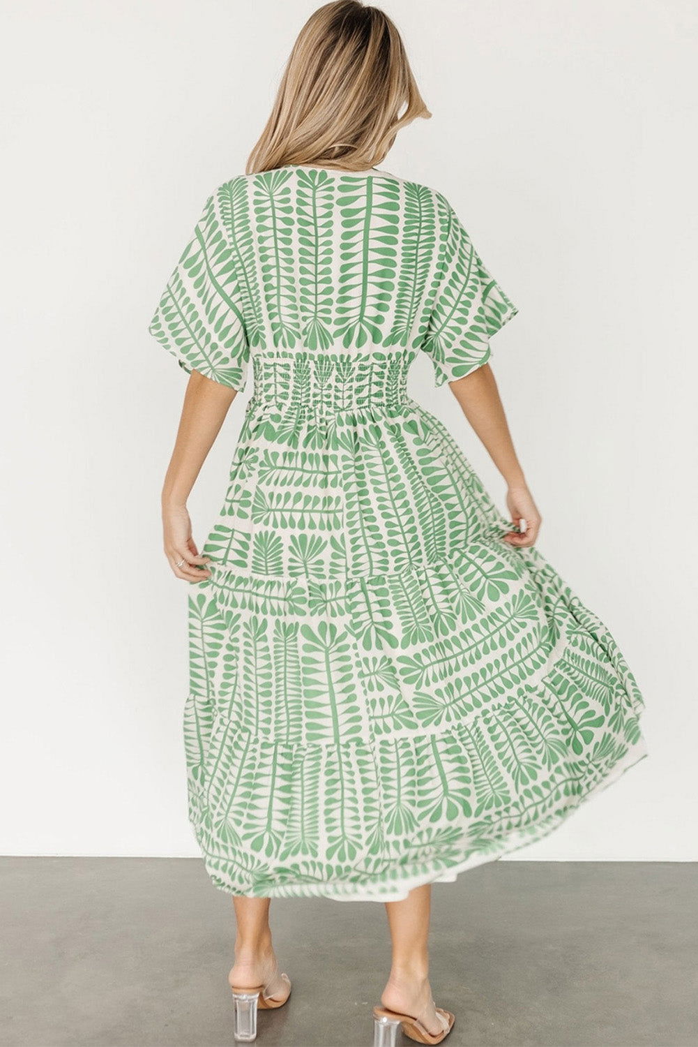 Grass Green Bohemian Leaves Print High Waist Midi Dress - Vesteeto