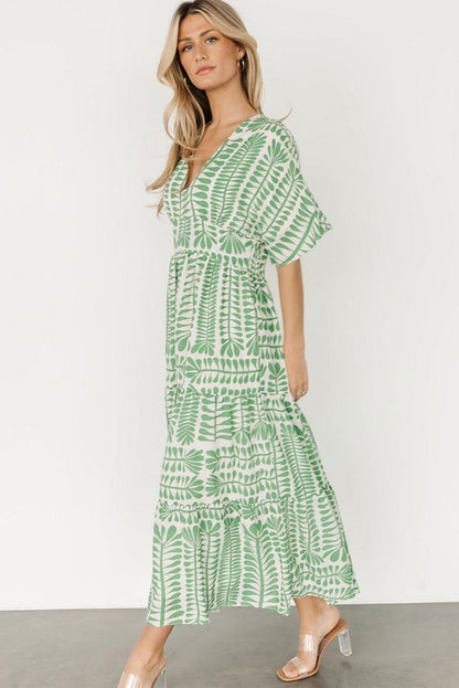 Grass Green Bohemian Leaves Print High Waist Midi Dress - Vesteeto