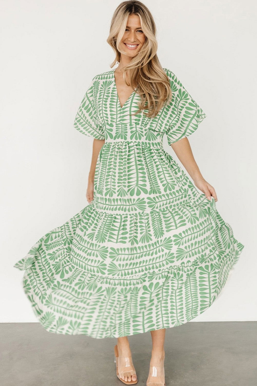 Grass Green Bohemian Leaves Print High Waist Midi Dress - Vesteeto