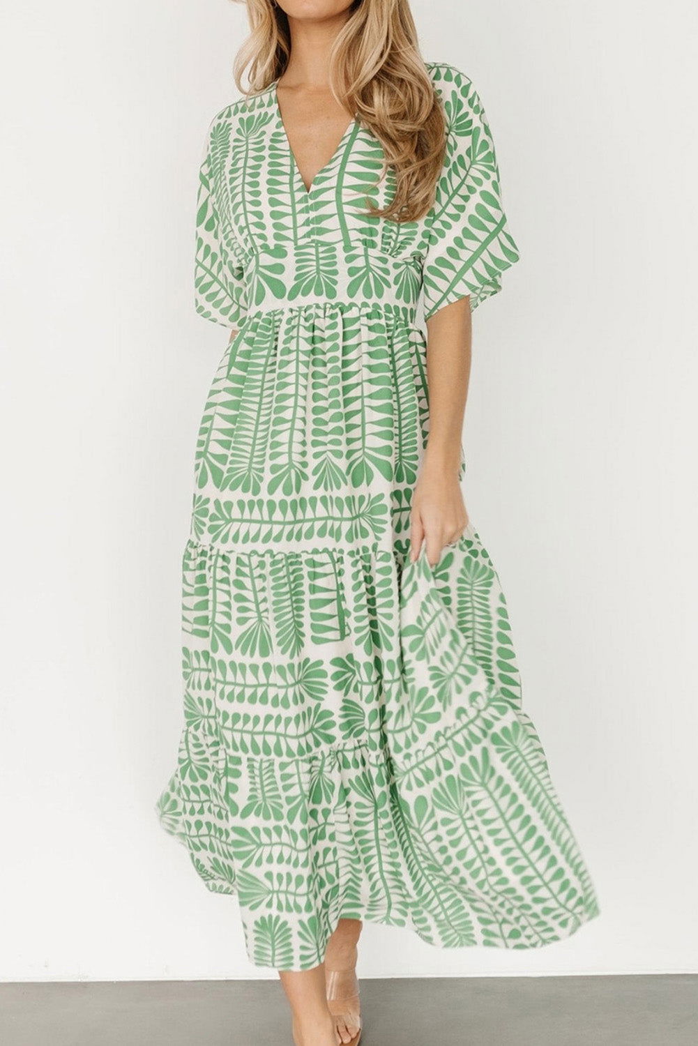 Grass Green Bohemian Leaves Print High Waist Midi Dress - Vesteeto