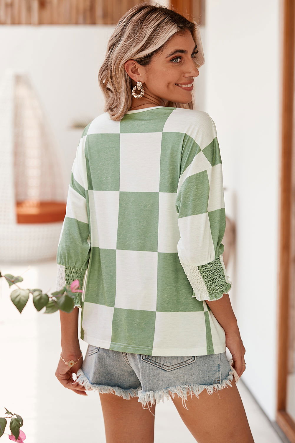 Grass Green Checkered Ruffle Smocked Cuffs Tee - Vesteeto