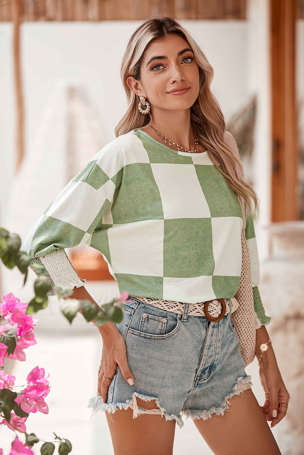 Grass Green Checkered Ruffle Smocked Cuffs Tee - Vesteeto