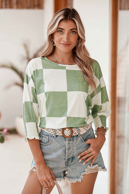 Grass Green Checkered Ruffle Smocked Cuffs Tee - Vesteeto